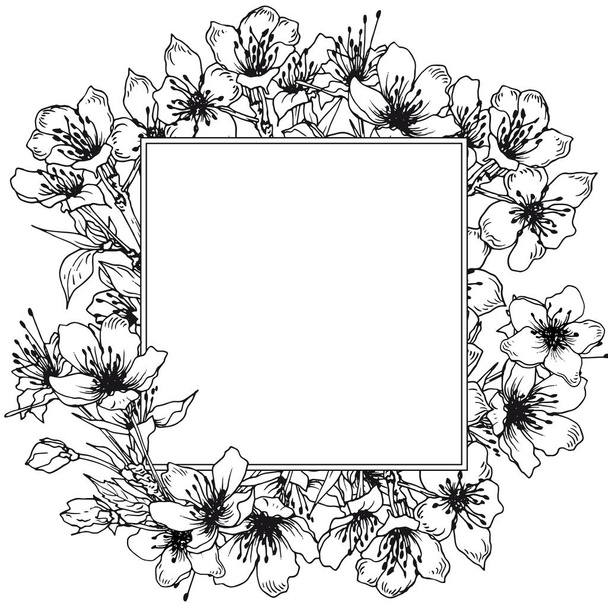 Square card template with sakura blossom. Spring cherry flowers. Black and white vector. - Vektor, kép