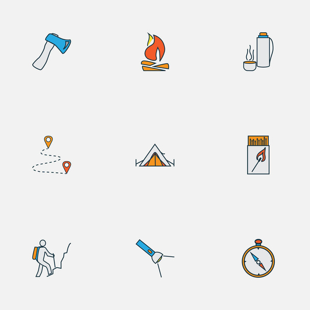 Tourism icons colored line set with axe, hiking man, thermos and other route elements. Isolated  illustration tourism icons. - Photo, Image