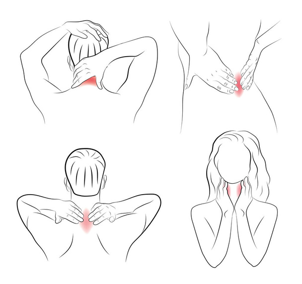 douleurs dans différentes parties du corps. auto-massage. recommandations médicales. illustration vectorielle
. - Vecteur, image