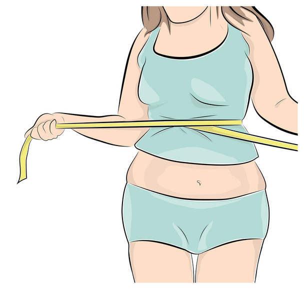 la mujer completa mide la cintura. concepto de adelgazamiento. ilustración vectorial
. - Vector, Imagen