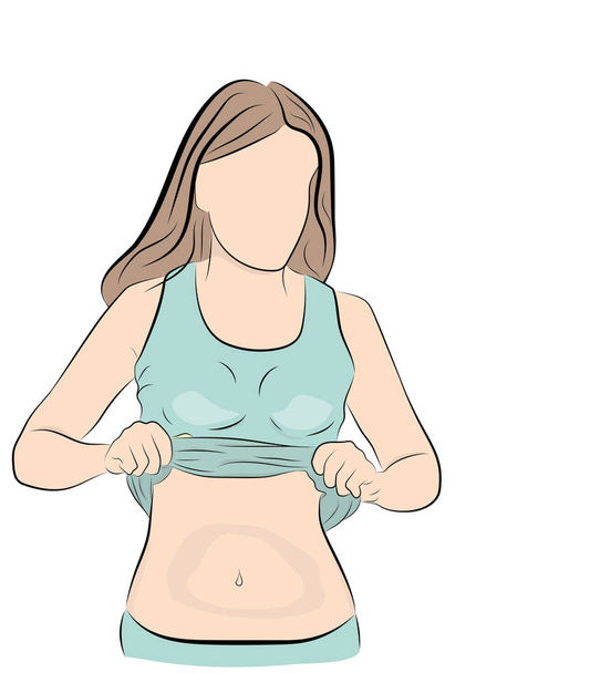 a menina levanta uma camiseta. mostra o estômago. perder peso. a praticar desporto. ilustração vetorial
. - Vetor, Imagem