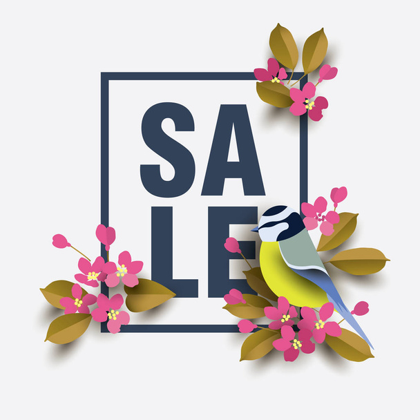 Spring SALE poster with bird sitting on a flowering branch of Sakura. Paper cut style. Vector illustration - ベクター画像