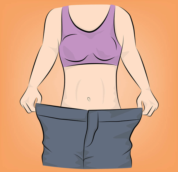 the girl shows that her pants are great. weight loss concept. vector illustration. - Vector, Image