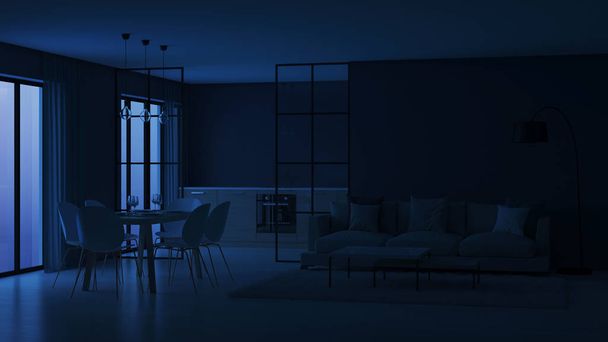 Modern huis interieur. Keuken achter glazen wanden. Nacht. 'S avonds de verlichting. 3D-rendering. - Foto, afbeelding