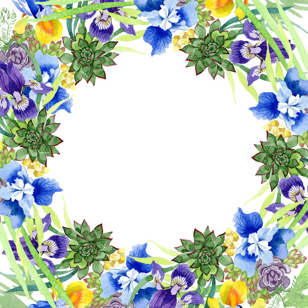 Blauwe irissen boeket bloemen botanische bloemen. Wild voorjaar blad wildflower geïsoleerd. Aquarel achtergrond afbeelding instellen. Aquarel tekenen mode aquarelle. Frame grens ornament vierkant. - Foto, afbeelding