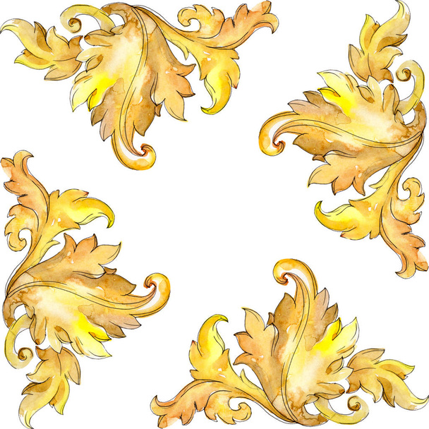 Gold monogram floral ornament. Watercolor background illustration set. Frame border ornament square. - Zdjęcie, obraz