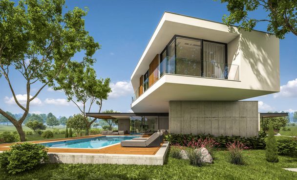 3D-rendering van moderne huis op de heuvel met zwembad - Foto, afbeelding