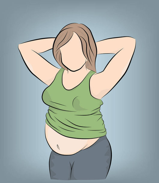 dikke vrouw poseren. het probleem van obesitas. het verliezen van gewicht. vectorillustratie. - Vector, afbeelding