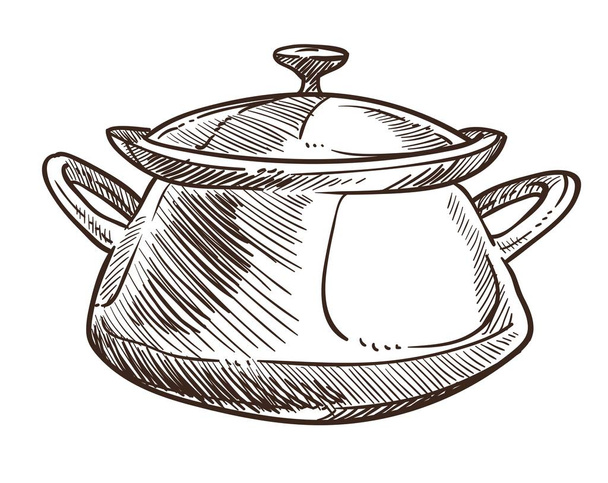 Cooking pan with handles and cap monochrome sketch outline - Vektor, obrázek