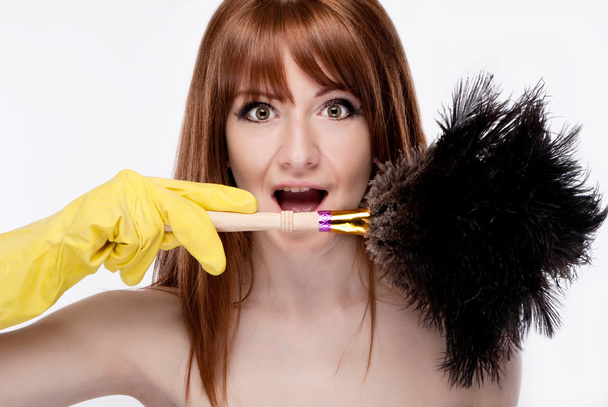 retrato de una criada alegre con un polvo de cepillo
 - Foto, Imagen