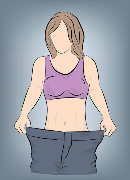la ragazza mostra che i suoi pantaloni sono fantastici. concetto di perdita di peso. illustrazione vettoriale
. - Vettoriali, immagini