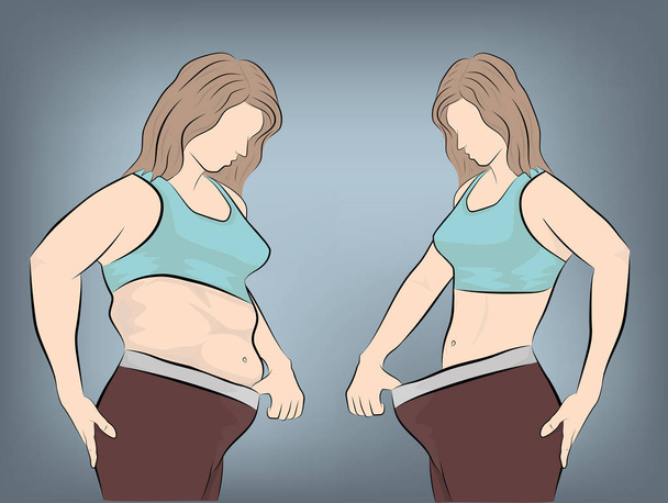 Frauenkörper vor und nach der Gewichtsabnahme. Vektorillustration. - Vektor, Bild