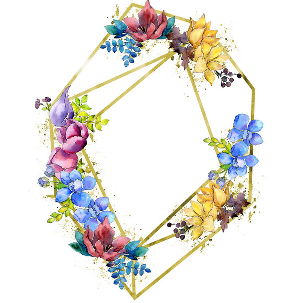 Bouquet composition botanical flowers. Watercolor background illustration set. Frame border crystal ornament square. - Foto, immagini