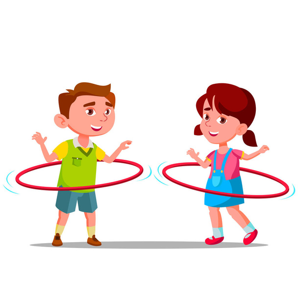 Pequeño niño y niña girando color Huha Hoops Vector plana ilustración de dibujos animados
 - Vector, Imagen
