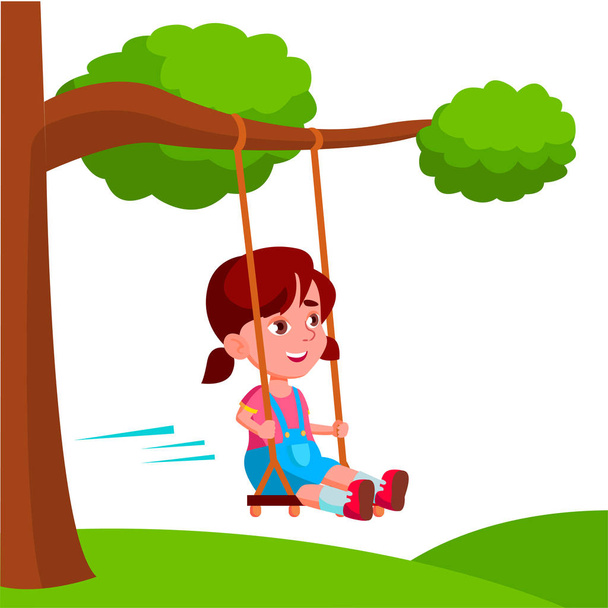 Girl Swinging On A Swing Tied To Tree Branch Vector Flat Cartoon Illustration - Vector, Image
