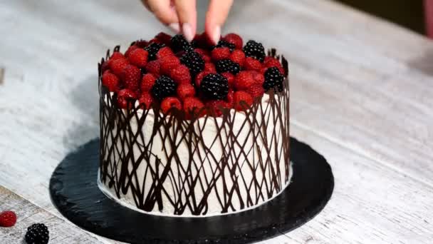Woman decorating delicious cake with berries. - Footage, Video