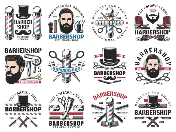 Barbershop pictogrammen, baard scheren en haircut salon - Vector, afbeelding