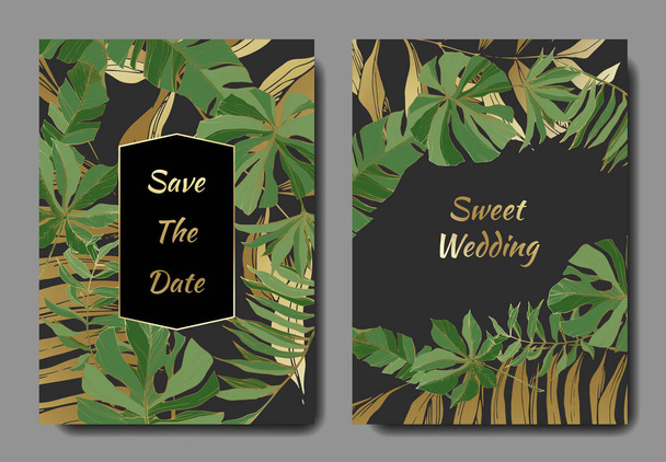 ベクトル熱帯の葉。金と緑の刻まれたインク アート。結婚式背景カード フローラル飾り枠. - ベクター画像