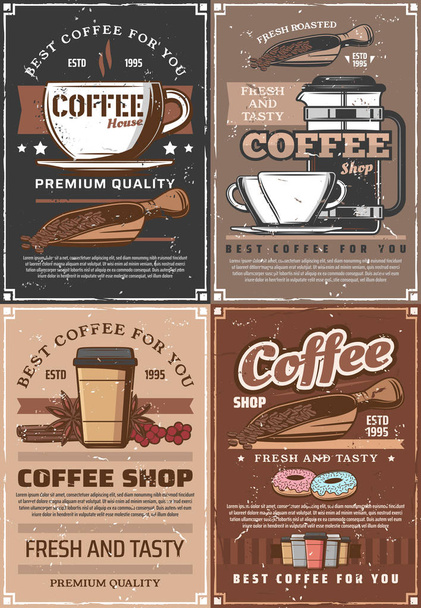 Steaming coffe cups, beans and berries, donuts - Vector, Image