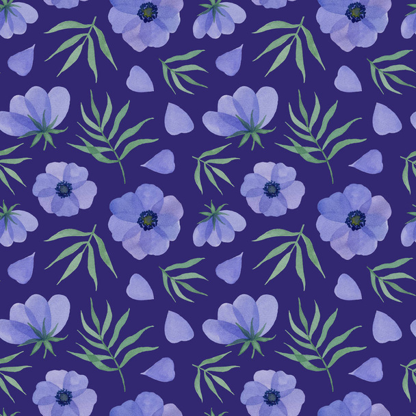 blue flowers, petals and leaves. watercolor hand pained illustrations. seamless pattern  on a violet background - Fotografie, Obrázek