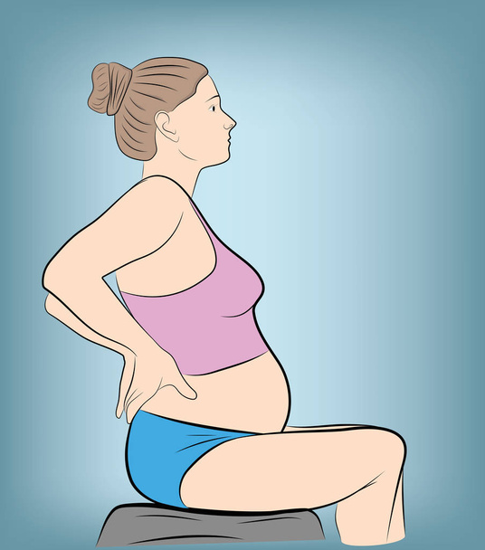 сидя беременная женщина. удерживая ее. спина болит. векторная иллюстрация
. - Вектор,изображение