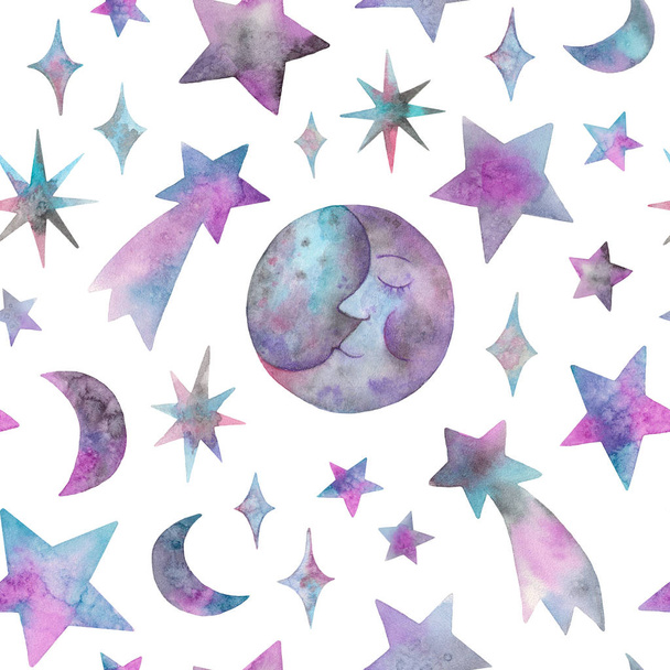 acuarela luna, cometa, estrellas y cuerpos celestes. patrón sin costuras sobre un fondo blanco
 - Foto, Imagen