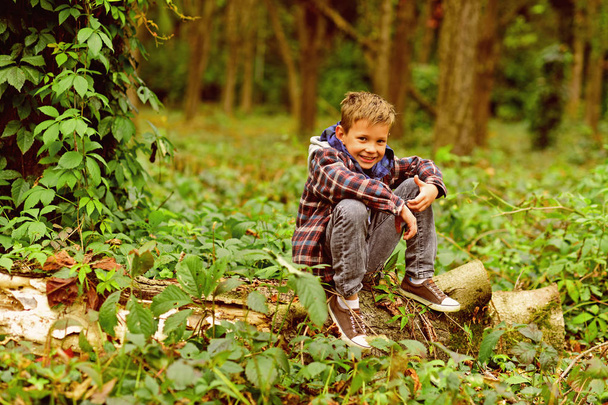 Go camping with me. Small kid enjoy camping trip. Small boy sit on tree. Adorable kid relax in woods. My hobbies are hiking and camping - Photo, Image