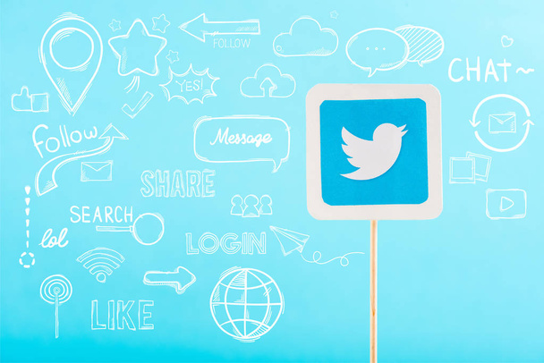 card with twitter logo and social media illustration isolated on blue - Φωτογραφία, εικόνα