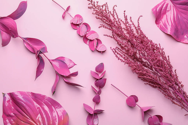Folhas tropicais cor de rosa no fundo de cor
 - Foto, Imagem
