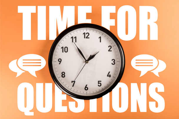 round clock with white time for questions lettering and speech bubbles on orange background - Photo, Image