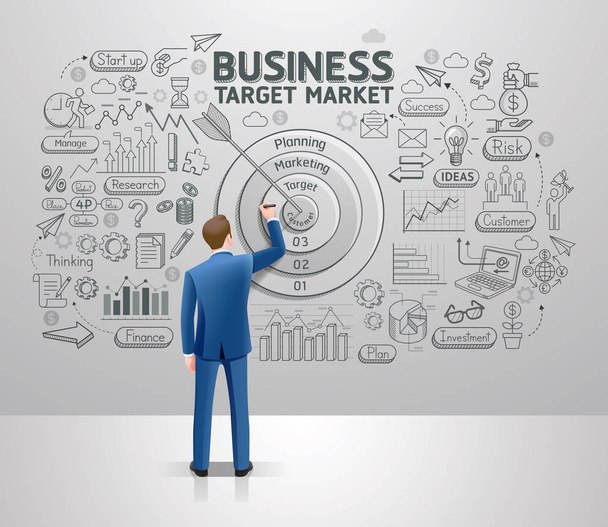 壁にビジネス アイデア ターゲット市場を図面の実業家。グラフィック - ベクター画像