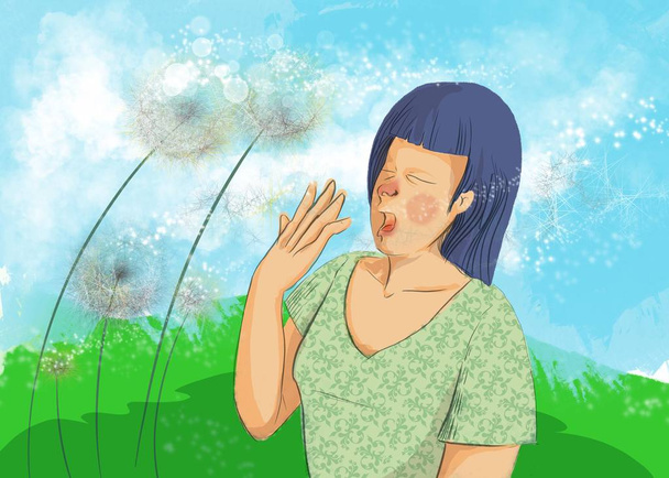 春花粉からアレルギーによるオープンエアのくしゃみの女性のイラスト。春は世界中の多くの人々 にくしゃみするアレルギーや鼻炎をもたらす - 写真・画像