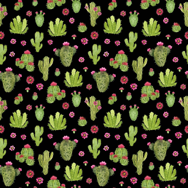 akvarell, kézzel festett kaktusz. varrat nélküli mintát egy fekete háttér - Fotó, kép