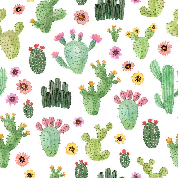 watercolor hand painted cactus. seamless pattern on a white background - Photo, image