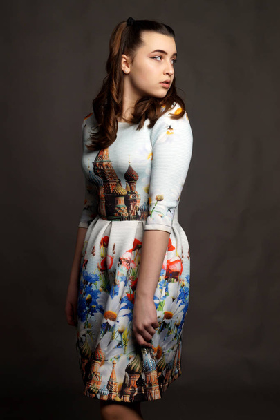 Beautiful young girl posing in a Russian national dress - Фото, зображення
