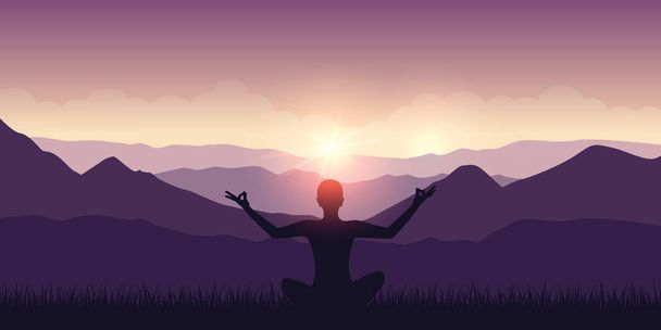 meditación pacífica con vista a la montaña paisaje púrpura y sol
 - Vector, Imagen