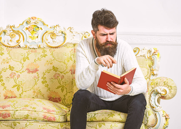 Macho on concentrated face reading book. Scandalous bestseller concept. Guy reading book with attention. Man with beard and mustache sits on baroque style sofa, holds book, white wall background - Photo, Image