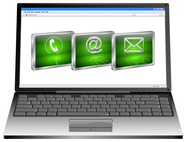 Laptop met groene contact knoppen op witte achtergrond - 3dillustration  - Foto, afbeelding
