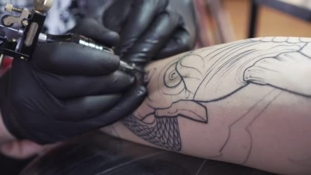 Tattoo Stúdió. Mester tetováló művész, munkahelyi, közelkép. - Felvétel, videó