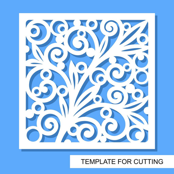 Square decorative panel with lace ornament. White object on a blue background. Template for laser cutting, wood carving, paper cut or printing. Vector illustration. - Vector, Image