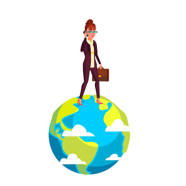 Podnikatelka, chůzi na planetě s aktovkou v ruce plochý kreslené vektorové ilustrace - Vektor, obrázek
