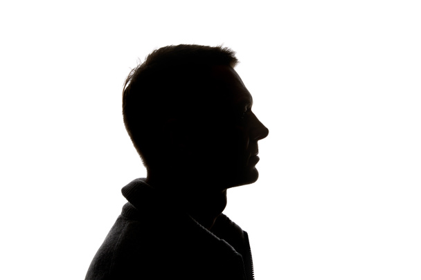 Vista lateral do homem pensativo isolado no branco
 - Foto, Imagem