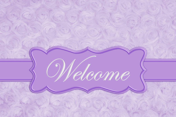 Welcome message on a pale purple rose plush fabric with ribbon - Zdjęcie, obraz