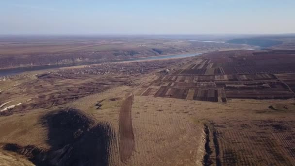 Bird Eye View of the Fields and Agricultural Parcel. River and small village. Moldova republic of. Aerial Views. - Footage, Video