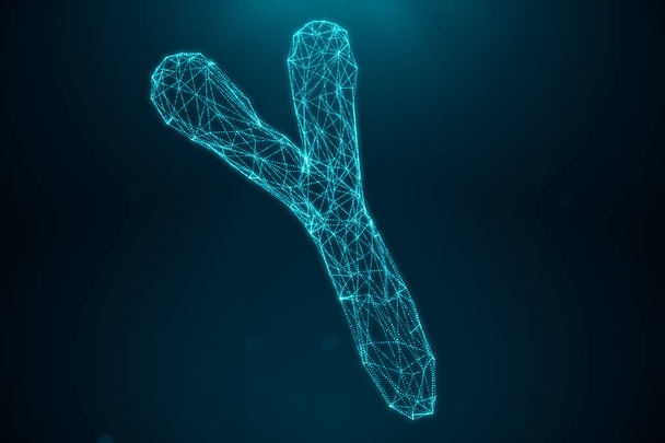 Polygonální Low poly digitální umělé chromozomy Y sestávající z sestávající tečky a linky na modrém pozadí. Genetika koncept, koncept umělé inteligence. Binární kód v lidském genomu - Fotografie, Obrázek