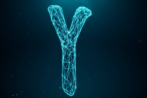 3D Illustration Polygonal düşük Poly dijital yapay Y-kromozomlar oluşan nokta ve çizgiler mavi arka planda oluşan. Genetik kavramı, yapay zeka kavramı. İkili kod - Fotoğraf, Görsel