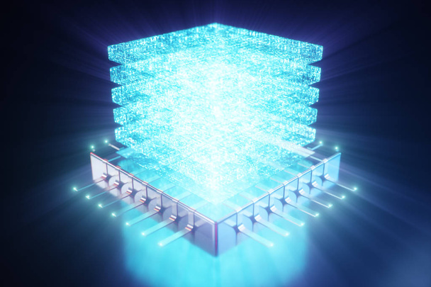 AI - concepto de CPU de inteligencia artificial. Holograma sobre CPU. El aprendizaje automático. CPU en el tablero con huellas brillantes. Concepto científico de fondo en luz azul. Ilustración 3D
 - Foto, imagen