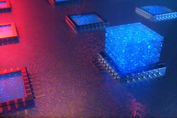 AI - artificial intelligence concept. Machine learning. Central Computer Processors on the circuit board with luminous tracks. Encoded data. Computer chip over circuit background. 3D Rendering - Photo, Image