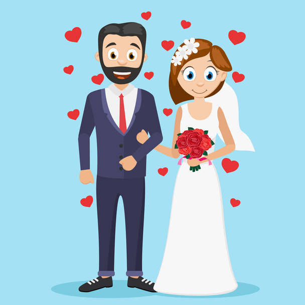 Sposa e sposo stanno sotto le maniglie su un blu. Matrimonio
. - Vettoriali, immagini