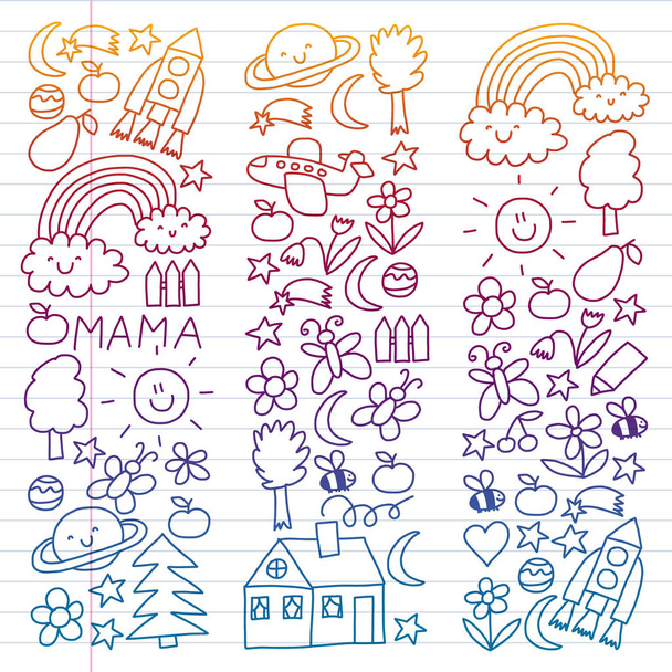 Children drawing. Colorful vector pattern with toys, space, planet - Vector, Image